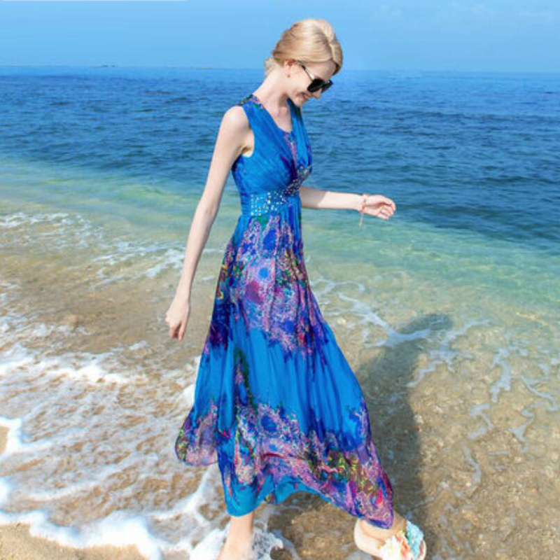 Women 100 Silk dress Beach dress 100% Natural Silk Blue Print dress Holiday summer dresses